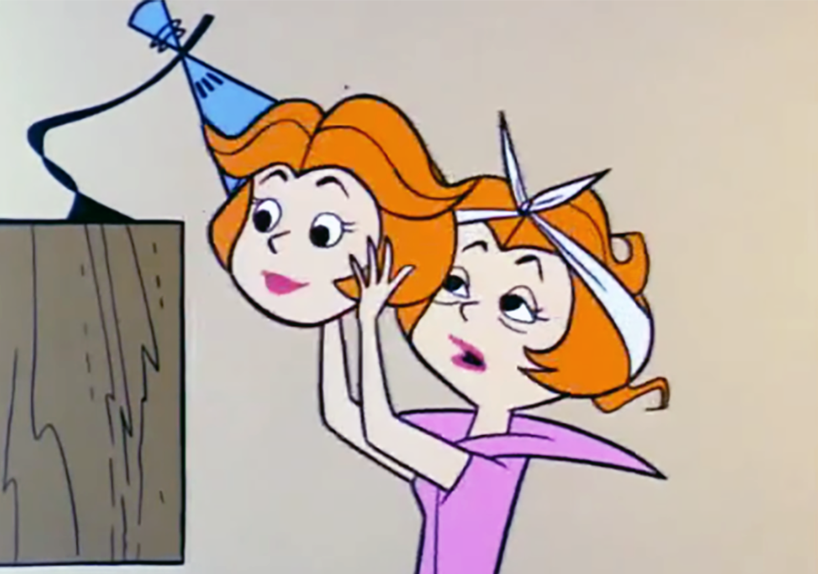 Jane Jetson uses a mask to hide her morning face when she uses video chat.